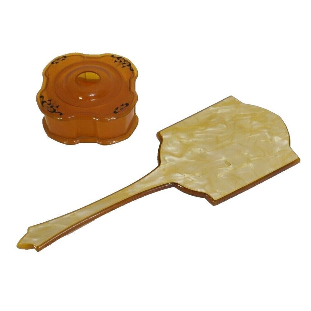Vintage-Inspired Amber and Cream Hand Mirror and Powder Jar Set